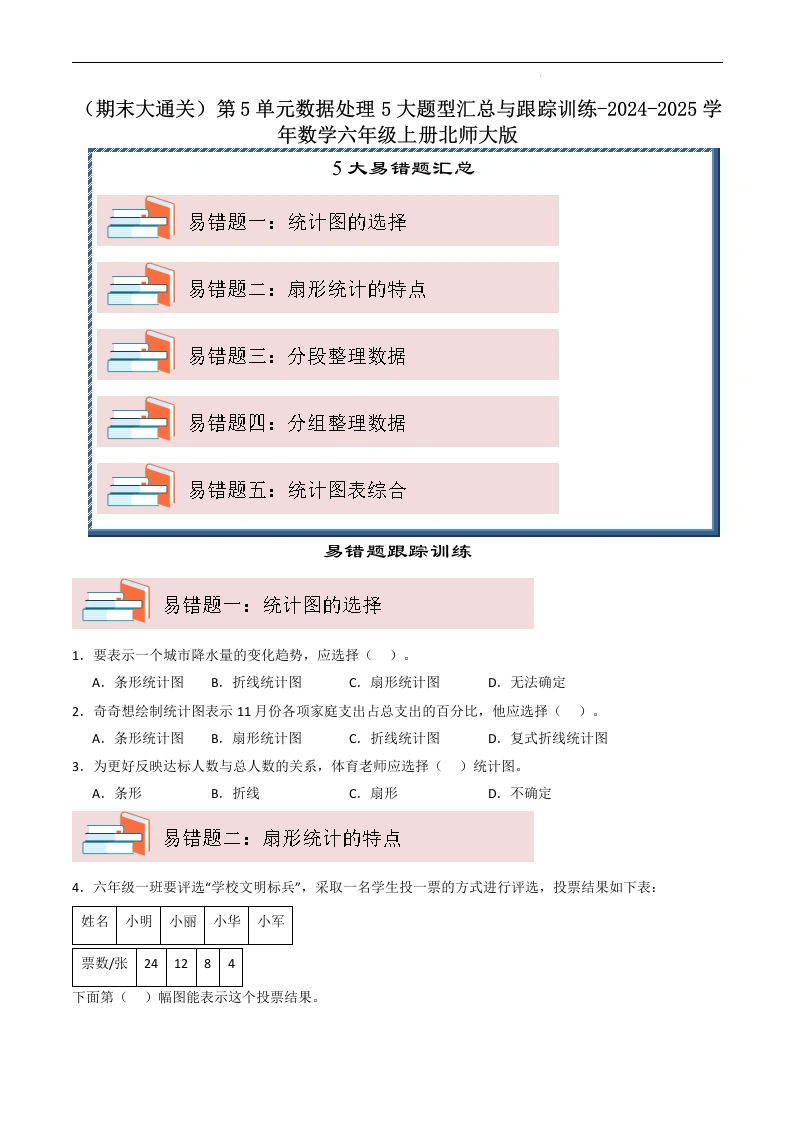 （期末大通关）第5单元数据处理5大易错题型汇总与跟踪训练-2024-2025学年数学六年级上册北师大版[h]-学芽网